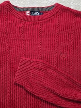 Chaps Ralph Lauren Sweater Mens Medium Red Cable Knit Cotton Heavy Fisherman